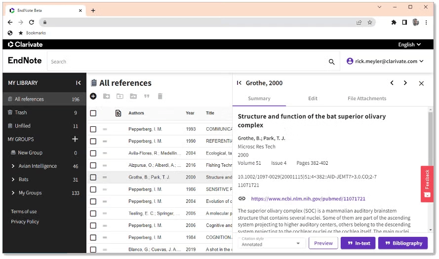 EndNote - web interface 
